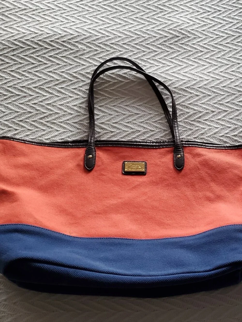 Lauren Ralph Lauren Orange and Blue Fabric Tote Bag Purse